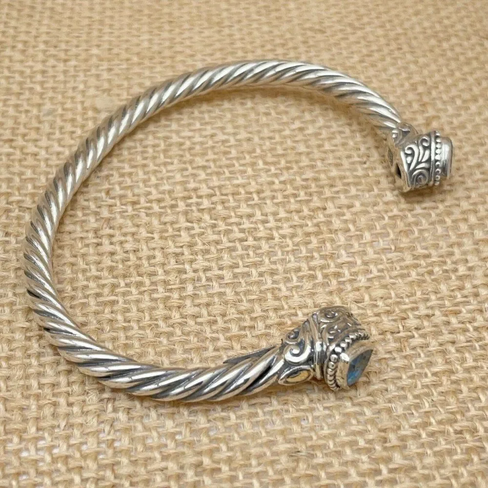 Cuff Bracelet Sterling Silver 18K Gold Blue Topaz Bali Designs Trillion Cut 6.75